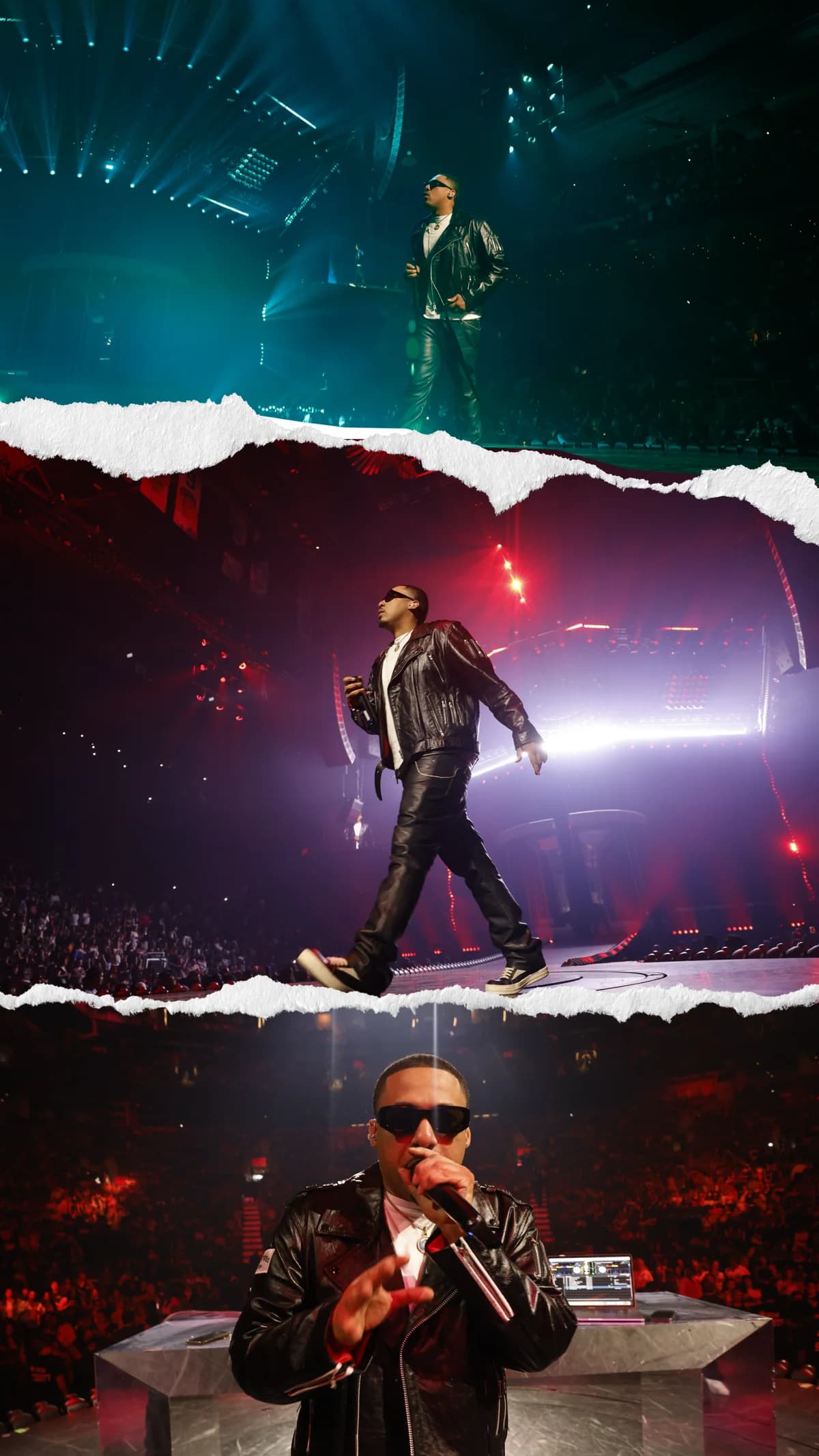Three-panel torn-print collage of DJ Ray G performing in arenas: standing on the stage riser, walking the runway under red and purple light, and on the mic at the decks.